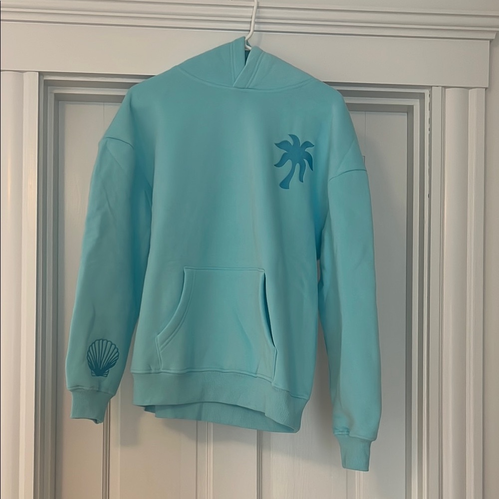 NWT Pink Palm Puff Teal Blue Hibiscus Hopdie with Palm Tree and Shell Design